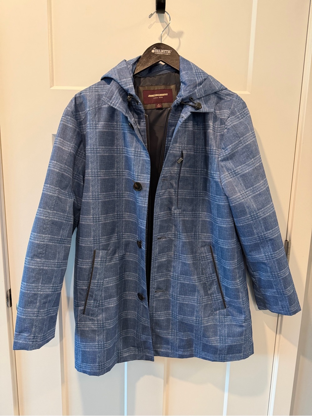 Johnston & Murphy Blue Plaid Hooded Raincoat